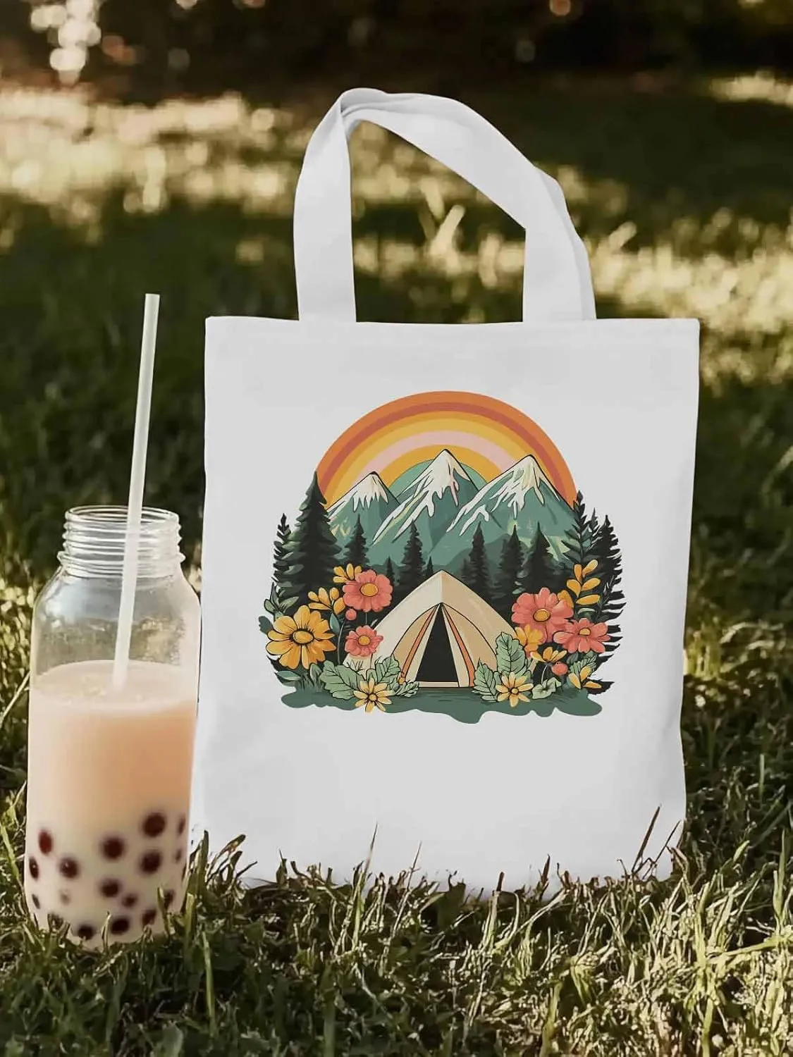 Canvas Tote Bag, Wildflower Mountain Rainbow Forest Tree Aesthetic Canvas Tote Handbags for Women Shoulder Bag,