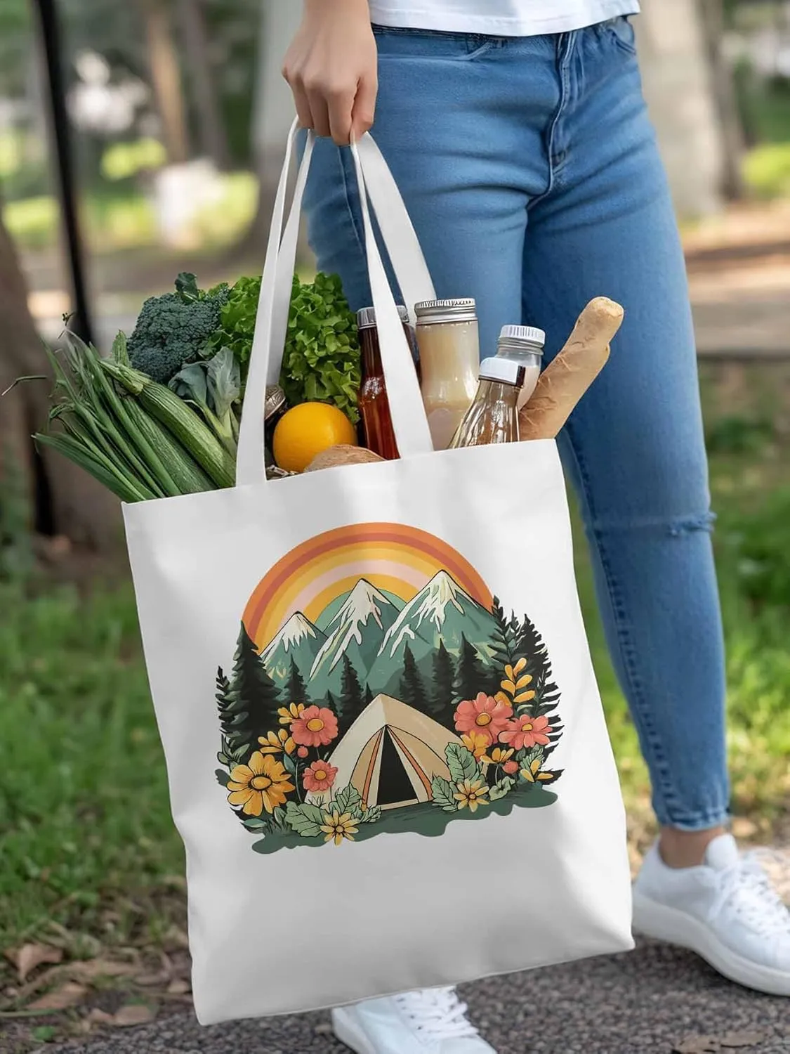 Canvas Tote Bag, Wildflower Mountain Rainbow Forest Tree Aesthetic Canvas Tote Handbags for Women Shoulder Bag,