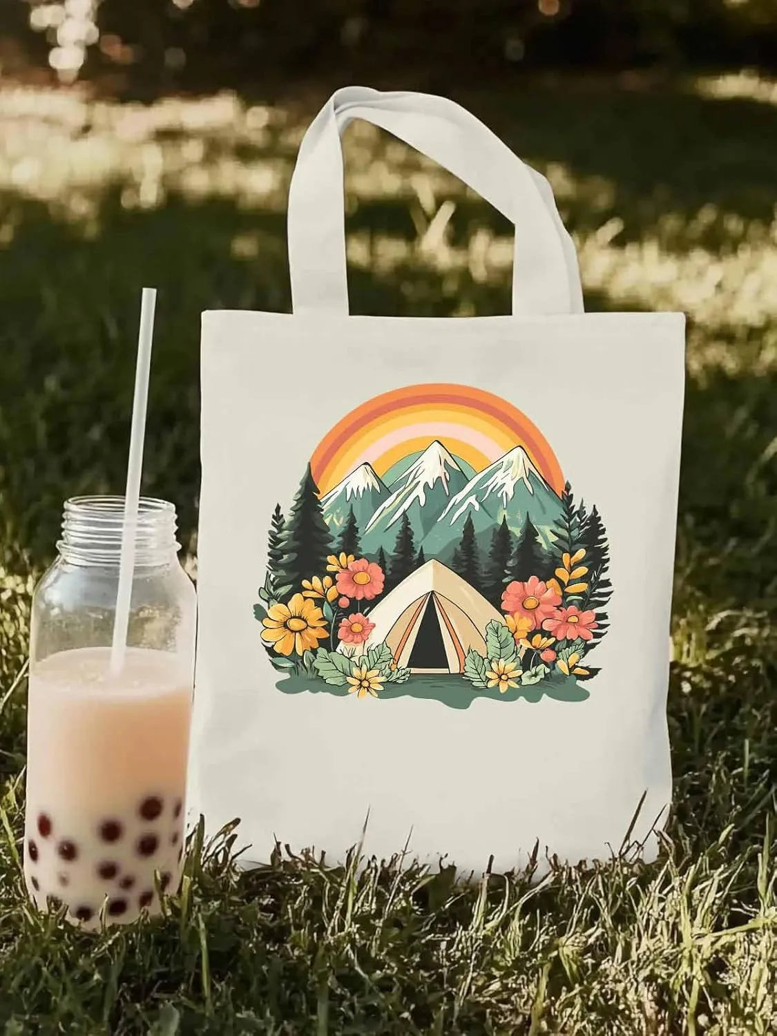 Canvas Tote Bag, Wildflower Mountain Rainbow Forest Tree Aesthetic Canvas Tote Handbags for Women Shoulder Bag,