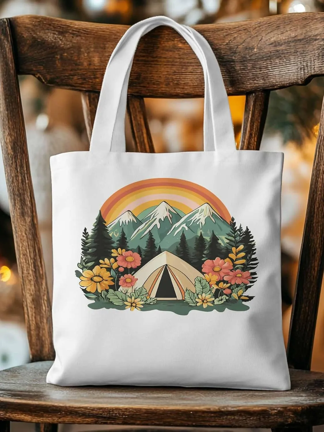 Canvas Tote Bag, Wildflower Mountain Rainbow Forest Tree Aesthetic Canvas Tote Handbags for Women Shoulder Bag,