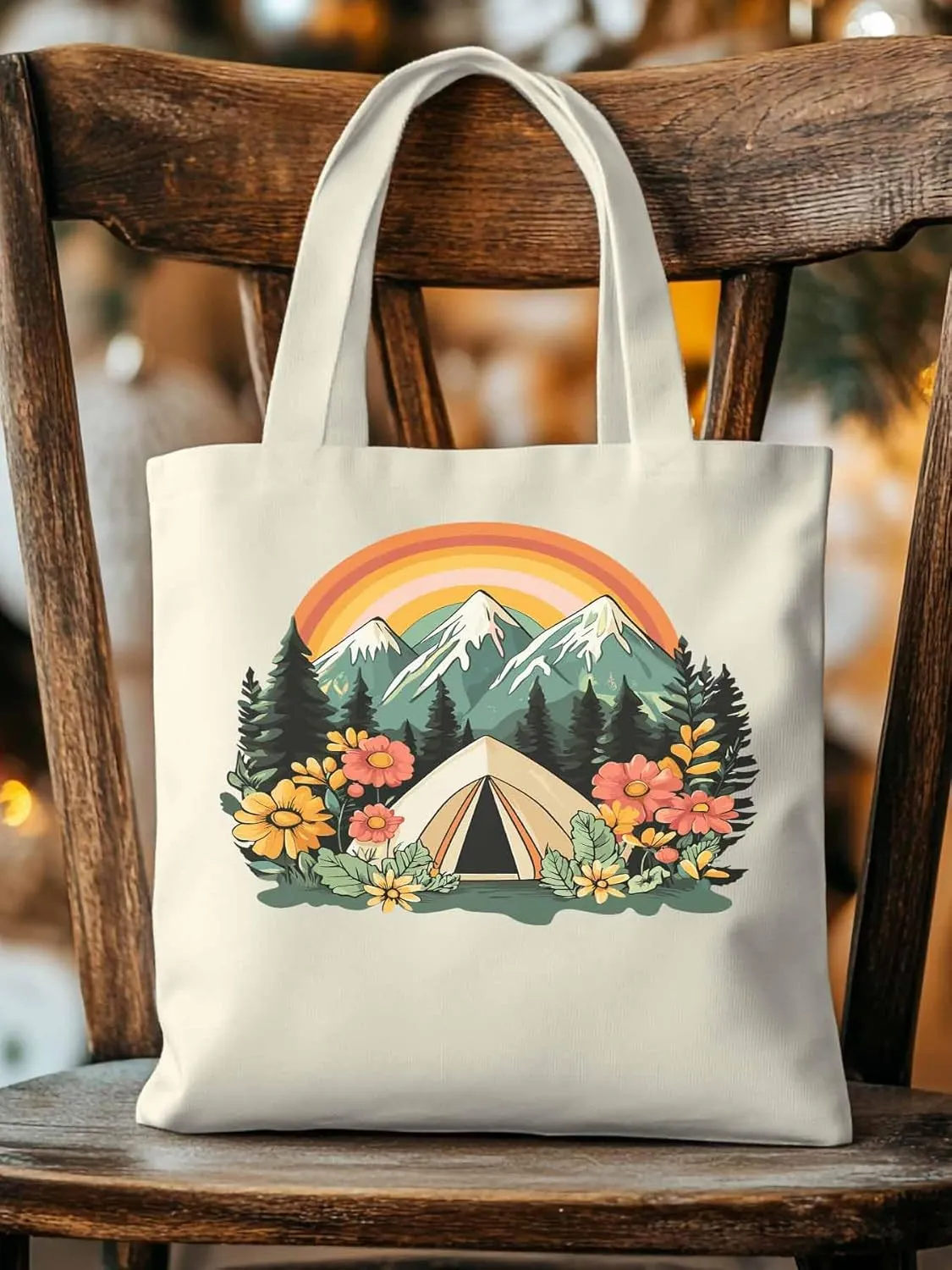 Canvas Tote Bag, Wildflower Mountain Rainbow Forest Tree Aesthetic Canvas Tote Handbags for Women Shoulder Bag,