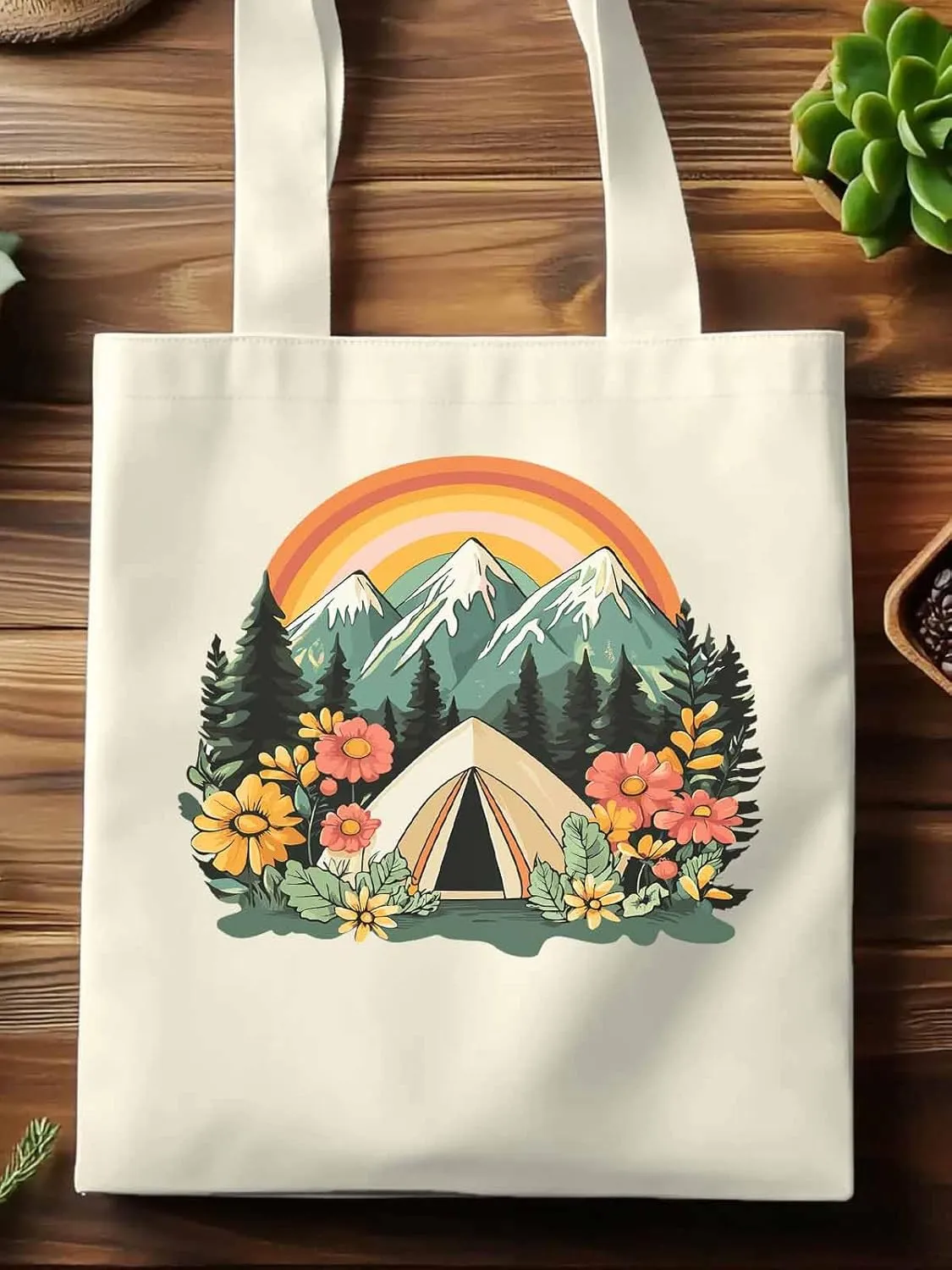 Canvas Tote Bag, Wildflower Mountain Rainbow Forest Tree Aesthetic Canvas Tote Handbags for Women Shoulder Bag,