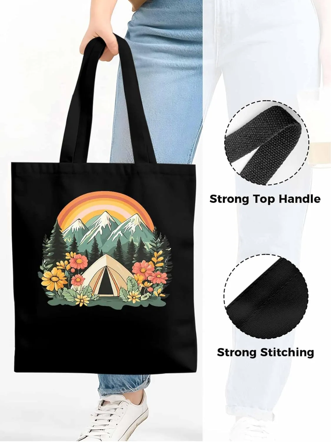 Canvas Tote Bag, Wildflower Mountain Rainbow Forest Tree Aesthetic Canvas Tote Handbags for Women Shoulder Bag,