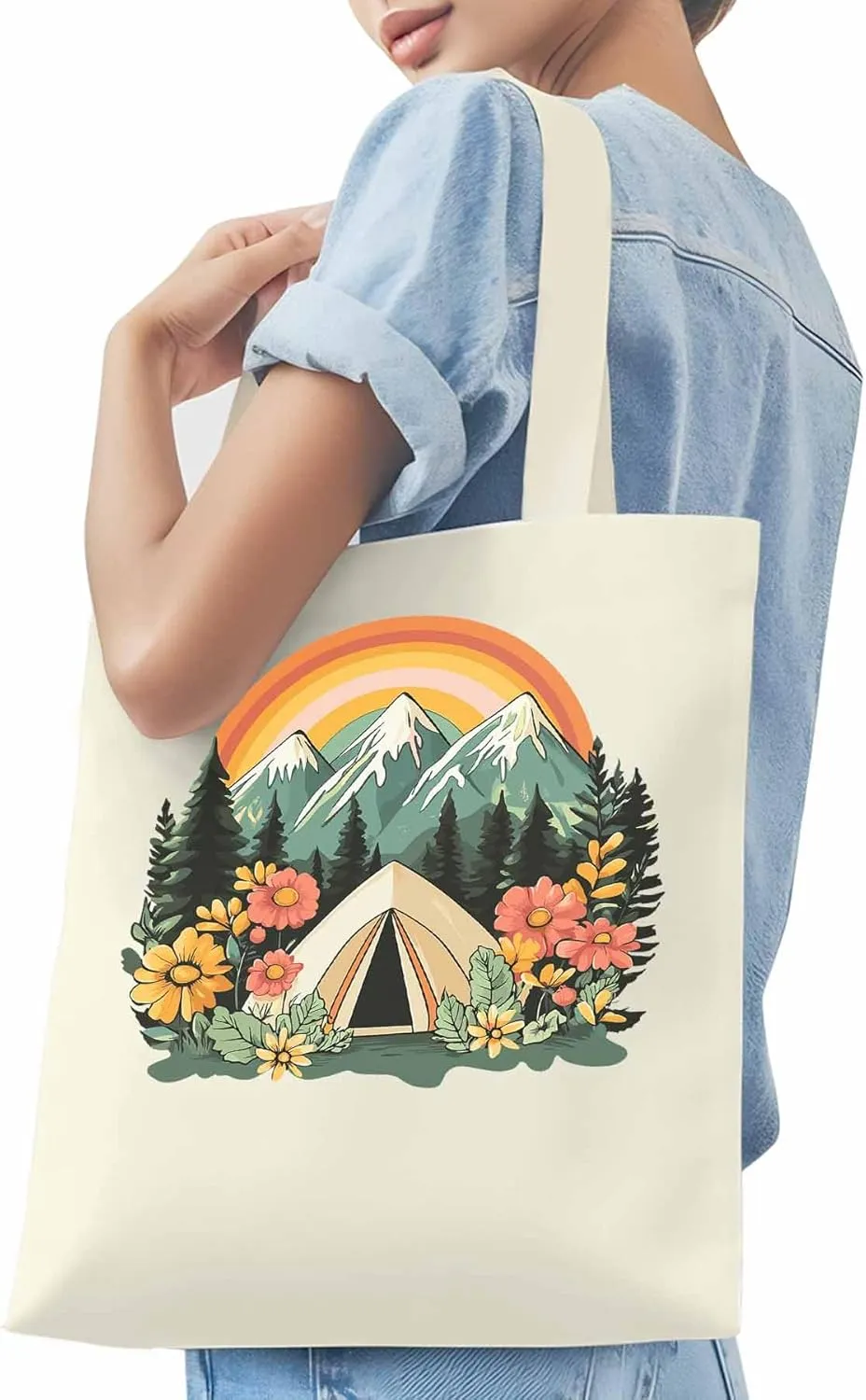 Canvas Tote Bag, Wildflower Mountain Rainbow Forest Tree Aesthetic Canvas Tote Handbags for Women Shoulder Bag,