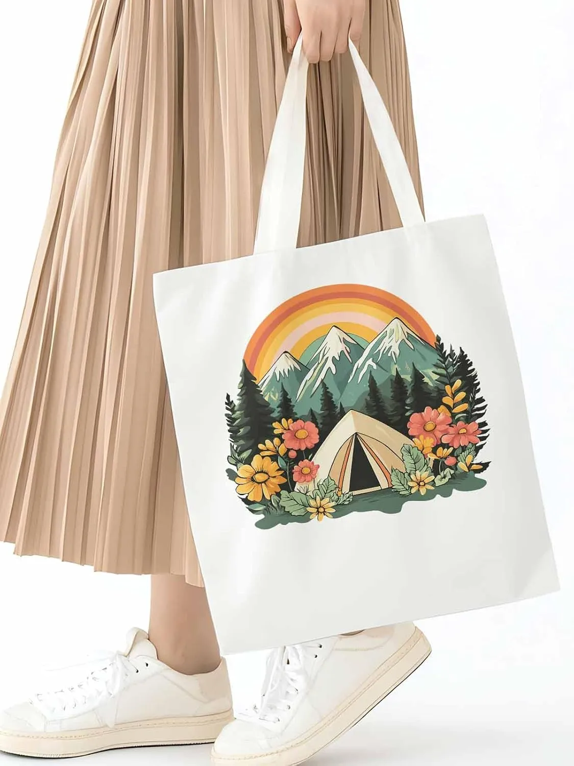 Canvas Tote Bag, Wildflower Mountain Rainbow Forest Tree Aesthetic Canvas Tote Handbags for Women Shoulder Bag,
