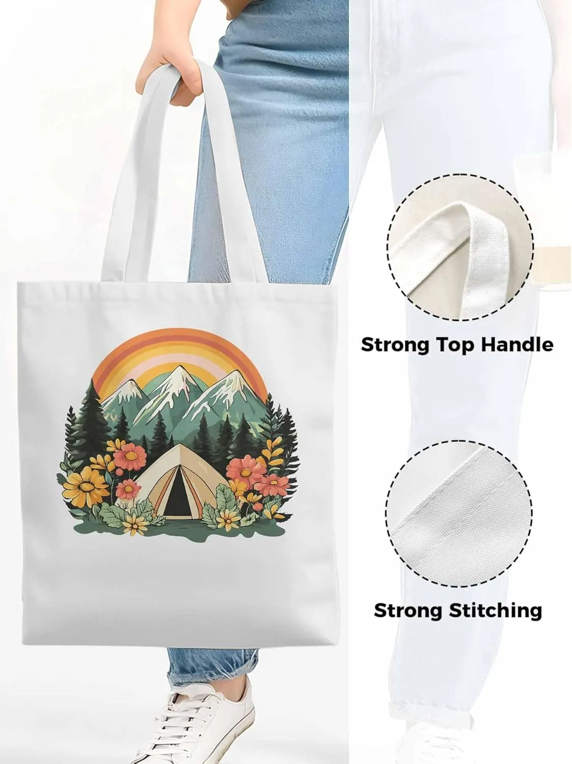 Canvas Tote Bag, Wildflower Mountain Rainbow Forest Tree Aesthetic Canvas Tote Handbags for Women Shoulder Bag,