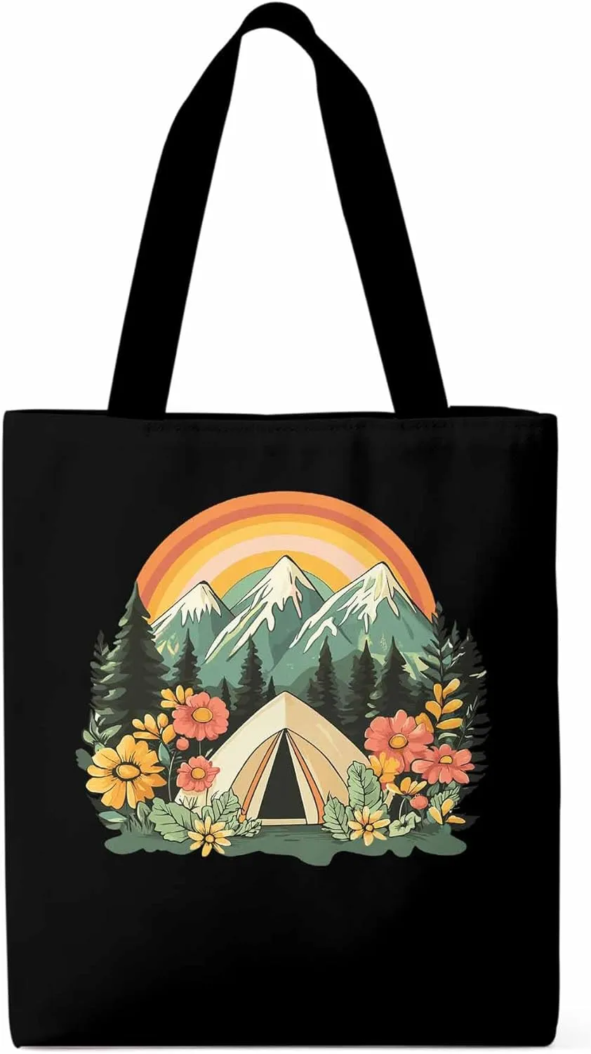 Canvas Tote Bag, Wildflower Mountain Rainbow Forest Tree Aesthetic Canvas Tote Handbags for Women Shoulder Bag,