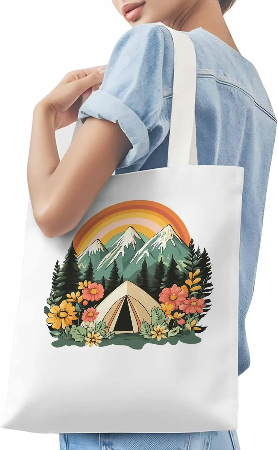 Canvas Tote Bag, Wildflower Mountain Rainbow Forest Tree Aesthetic Canvas Tote Handbags for Women Shoulder Bag,