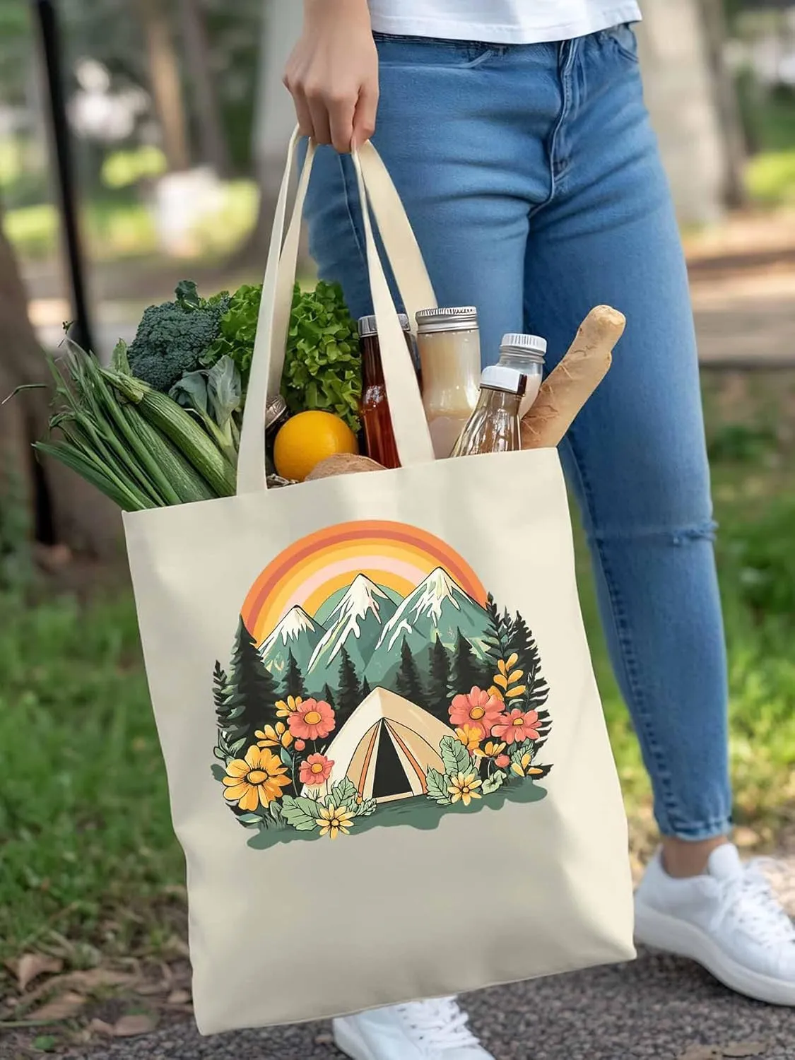 Canvas Tote Bag, Wildflower Mountain Rainbow Forest Tree Aesthetic Canvas Tote Handbags for Women Shoulder Bag,