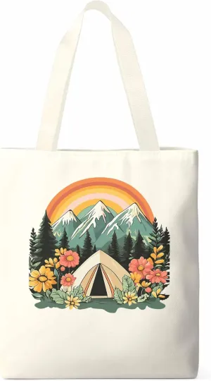 Canvas Tote Bag, Wildflower Mountain Rainbow Forest Tree Aesthetic Canvas Tote Handbags for Women Shoulder Bag,