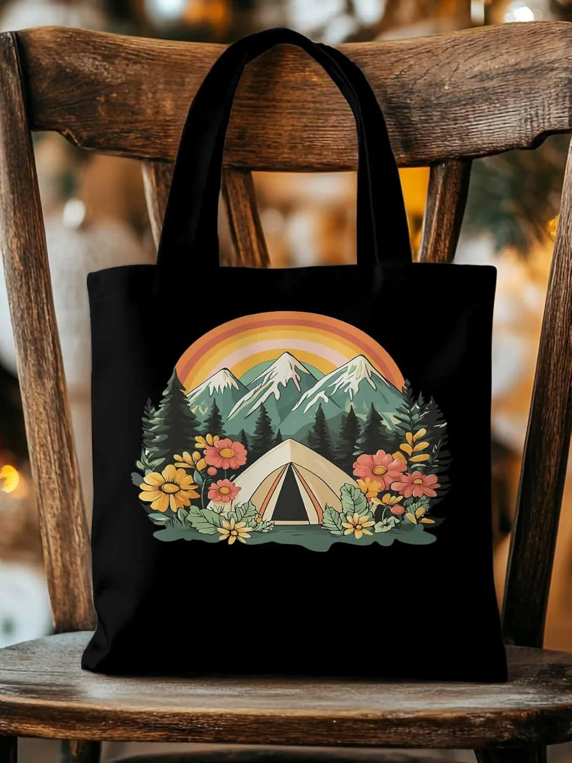 Canvas Tote Bag, Wildflower Mountain Rainbow Forest Tree Aesthetic Canvas Tote Handbags for Women Shoulder Bag,