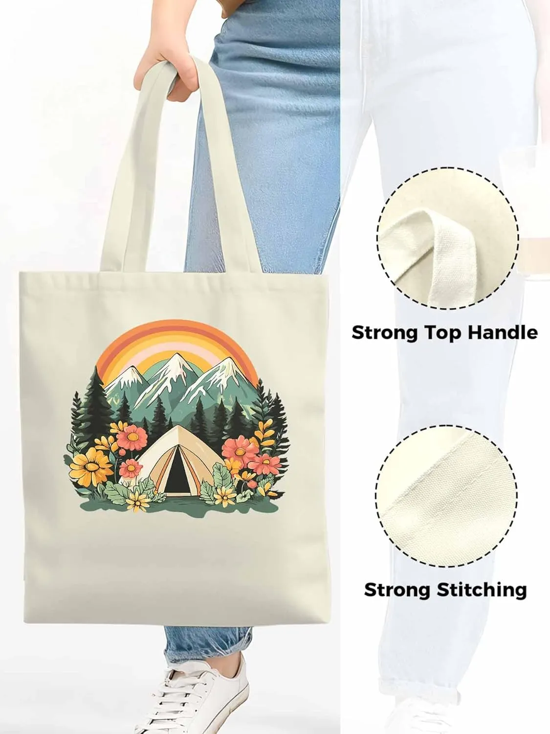 Canvas Tote Bag, Wildflower Mountain Rainbow Forest Tree Aesthetic Canvas Tote Handbags for Women Shoulder Bag,