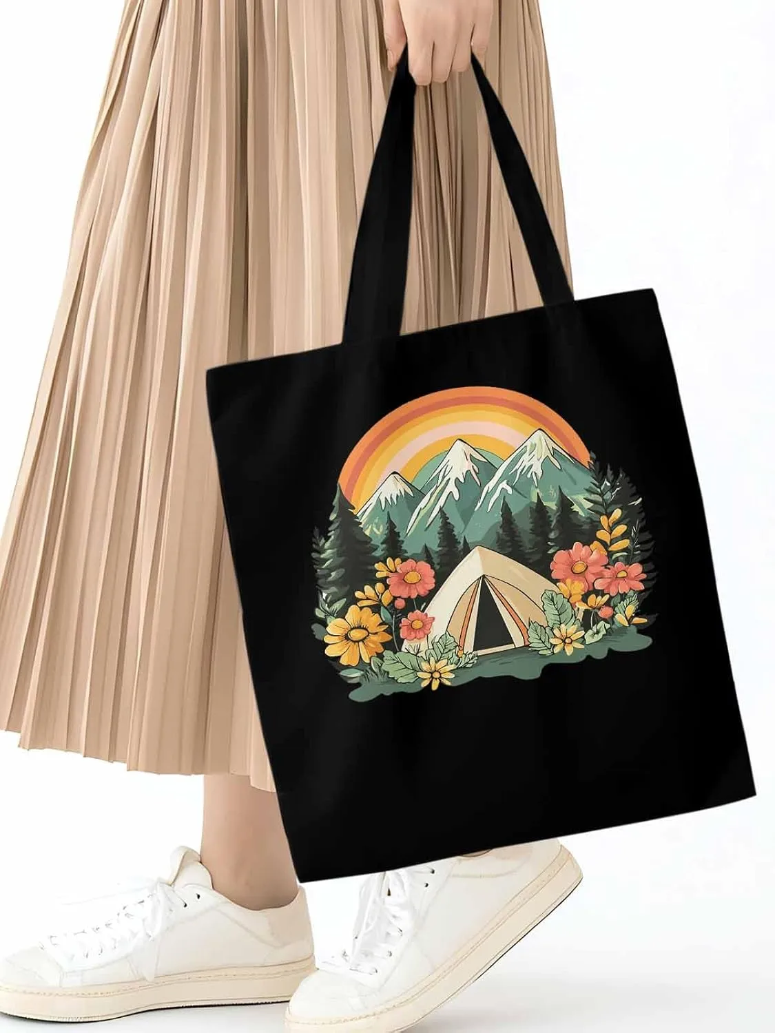 Canvas Tote Bag, Wildflower Mountain Rainbow Forest Tree Aesthetic Canvas Tote Handbags for Women Shoulder Bag,
