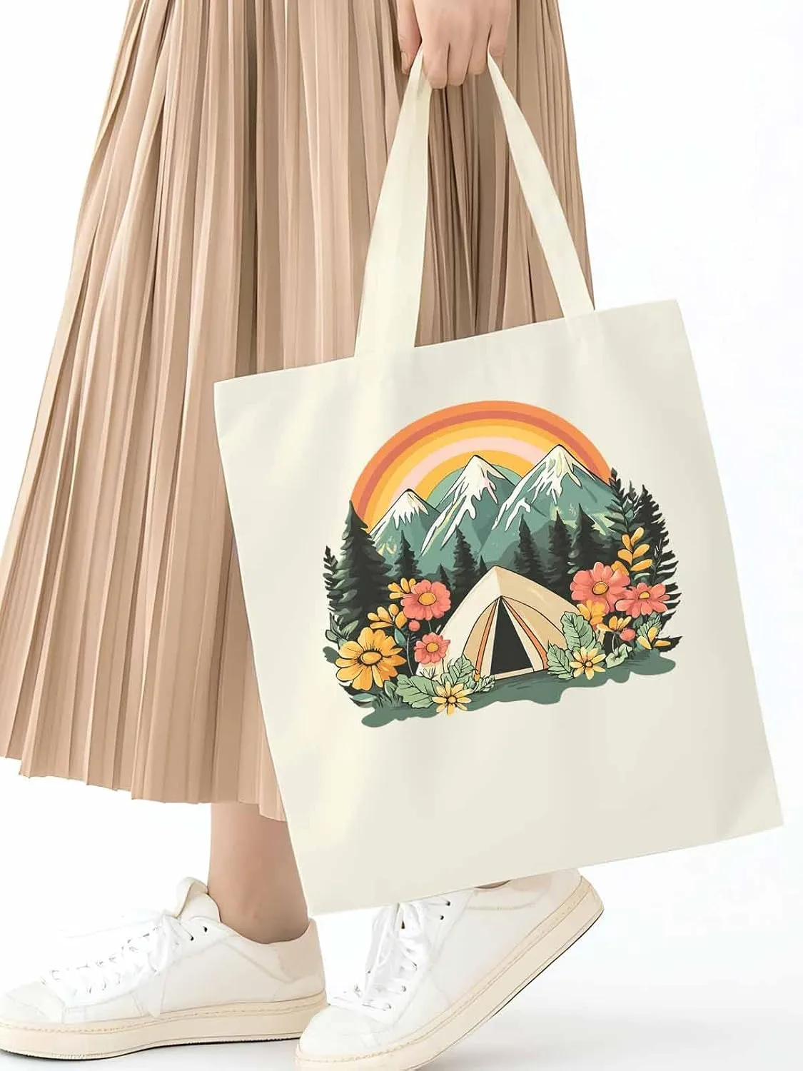 Canvas Tote Bag, Wildflower Mountain Rainbow Forest Tree Aesthetic Canvas Tote Handbags for Women Shoulder Bag,