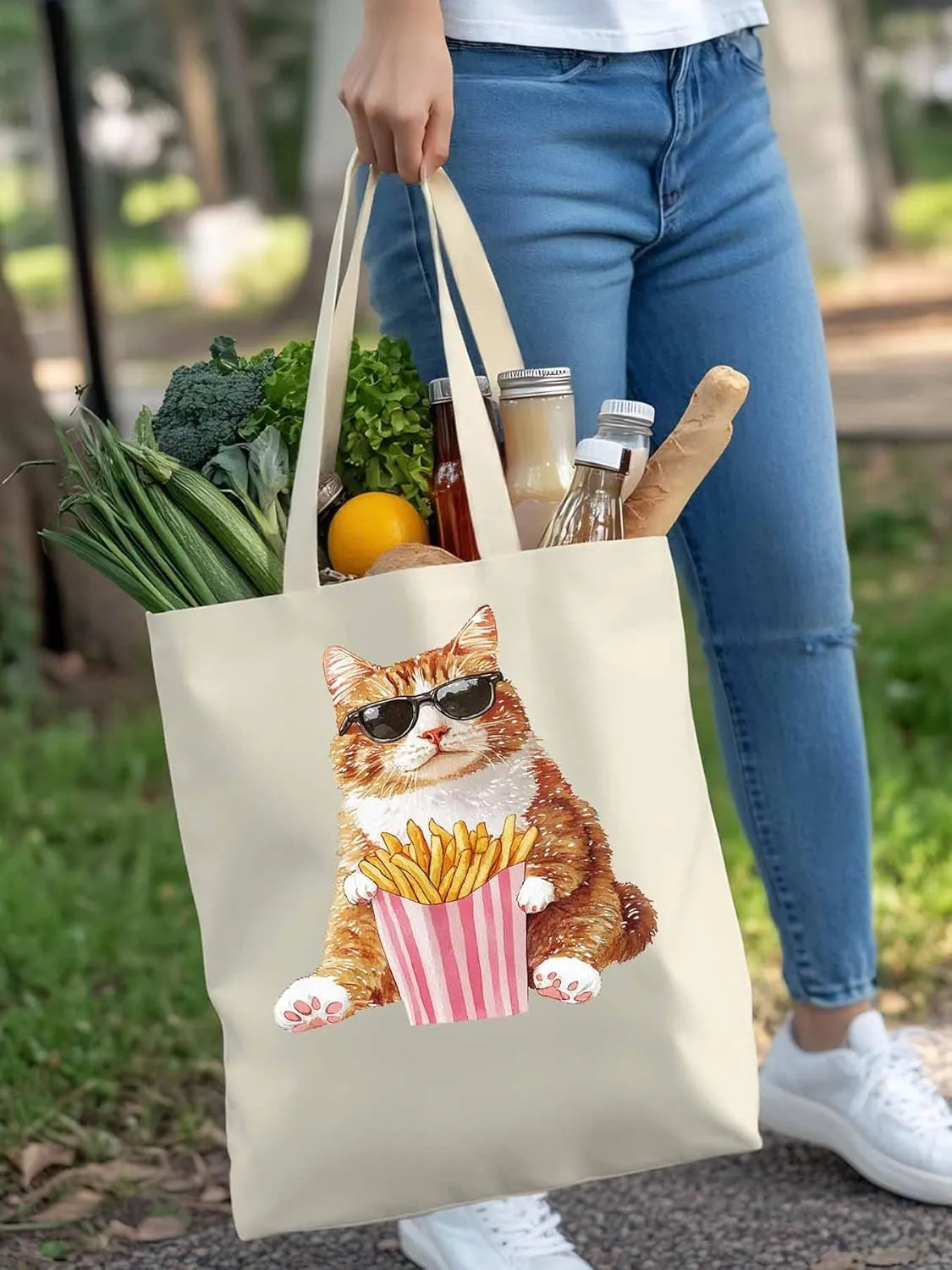 Canvas Tote Bag, Yellow Cat Eating French Fries Aesthetic Canvas Tote Handbags for Women Shoulder Bag,