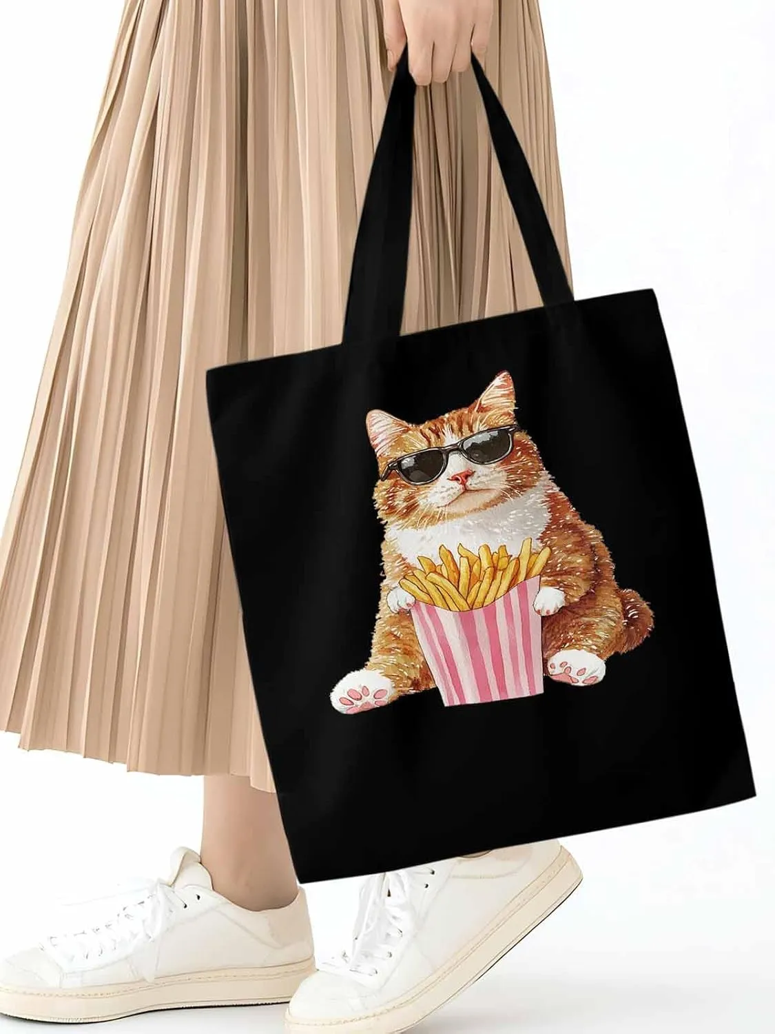 Canvas Tote Bag, Yellow Cat Eating French Fries Aesthetic Canvas Tote Handbags for Women Shoulder Bag,