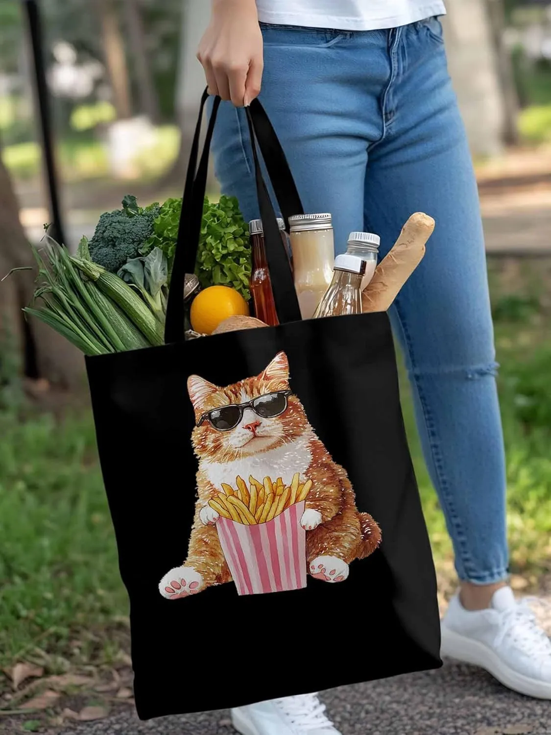 Canvas Tote Bag, Yellow Cat Eating French Fries Aesthetic Canvas Tote Handbags for Women Shoulder Bag,