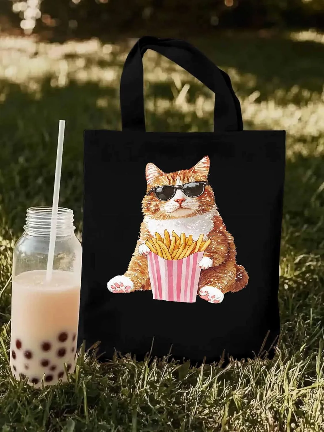 Canvas Tote Bag, Yellow Cat Eating French Fries Aesthetic Canvas Tote Handbags for Women Shoulder Bag,