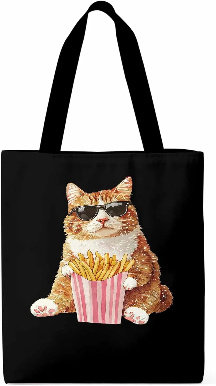 Canvas Tote Bag, Yellow Cat Eating French Fries Aesthetic Canvas Tote Handbags for Women Shoulder Bag,