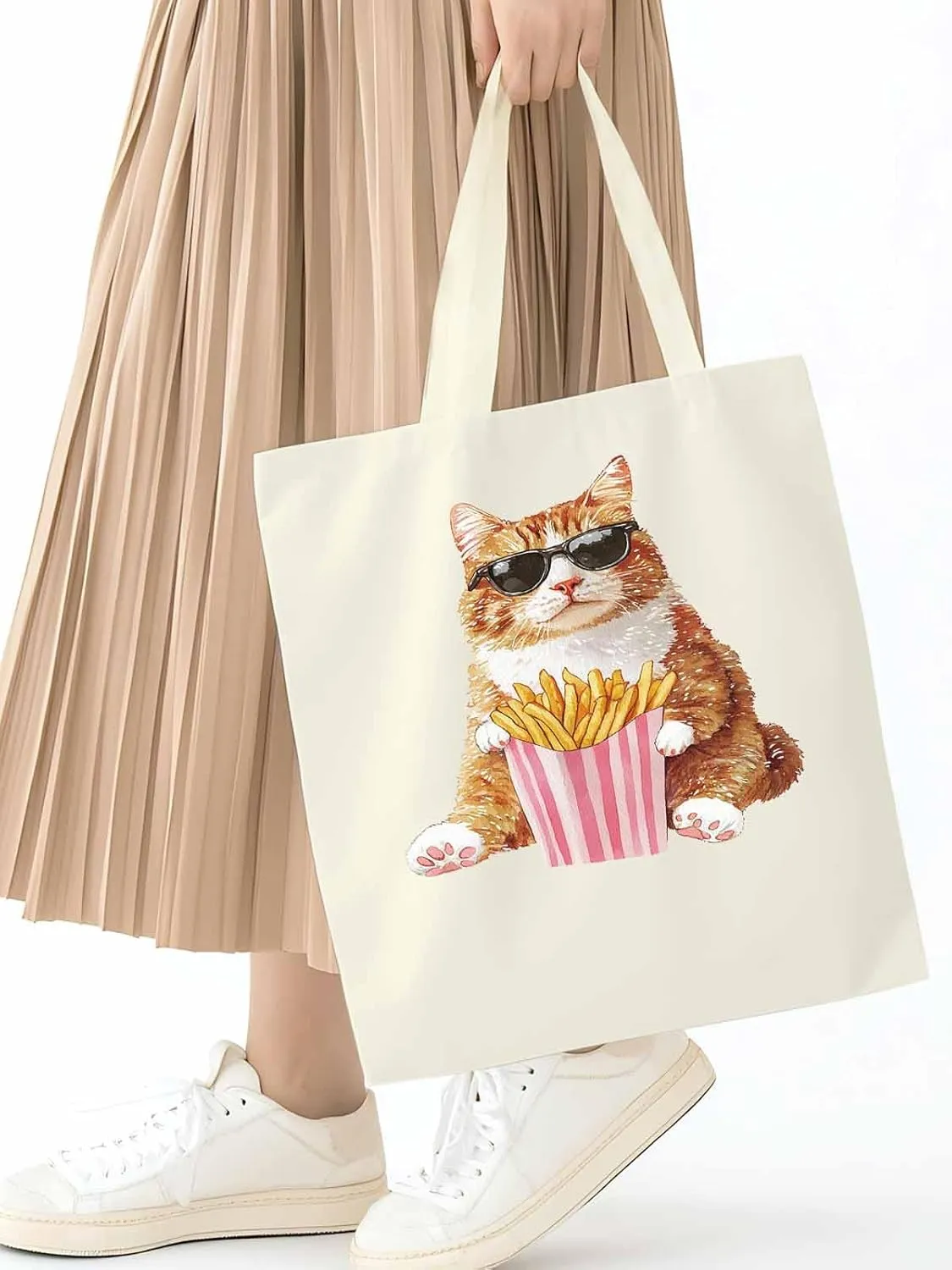 Canvas Tote Bag, Yellow Cat Eating French Fries Aesthetic Canvas Tote Handbags for Women Shoulder Bag,