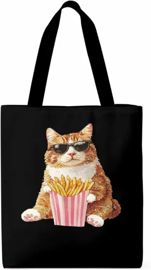 Canvas Tote Bag, Yellow Cat Eating French Fries Aesthetic Canvas Tote Handbags for Women Shoulder Bag,