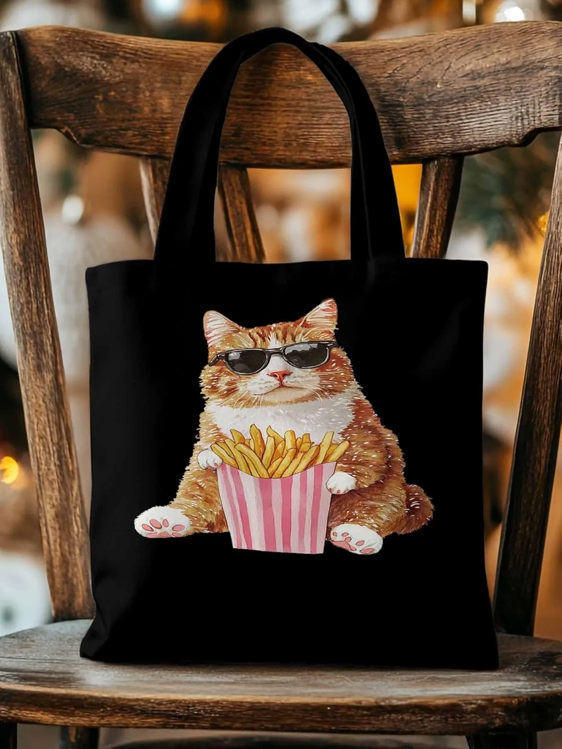 Canvas Tote Bag, Yellow Cat Eating French Fries Aesthetic Canvas Tote Handbags for Women Shoulder Bag,