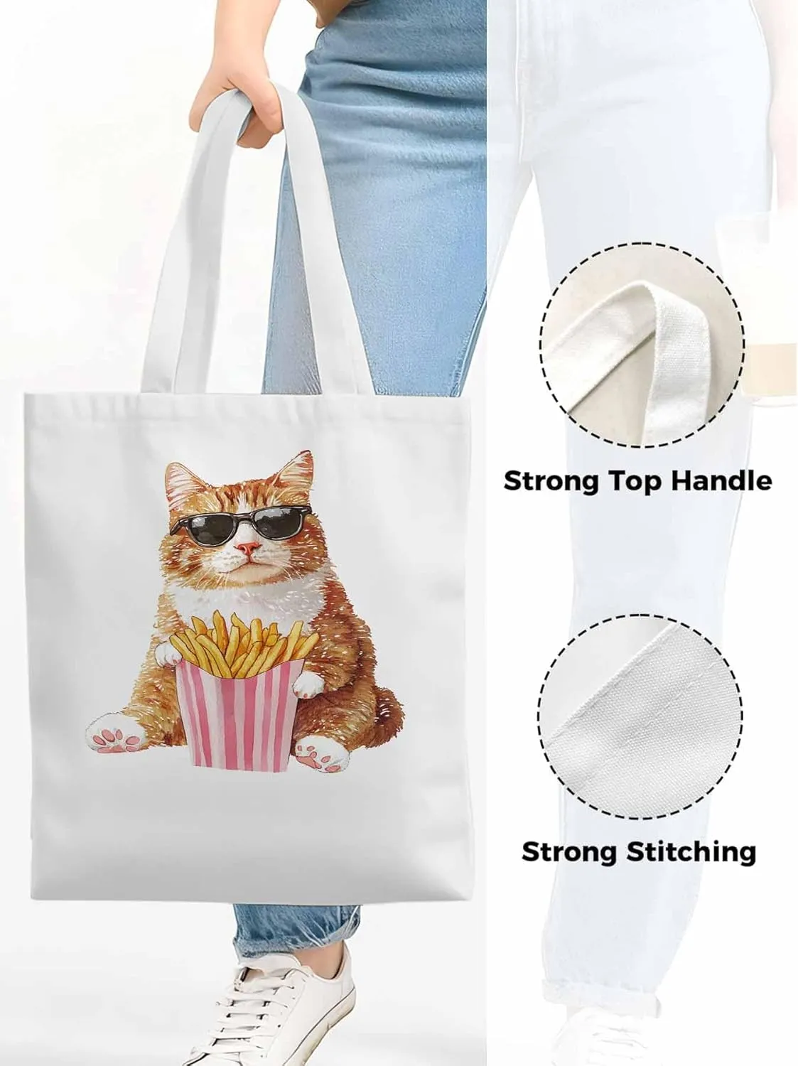 Canvas Tote Bag, Yellow Cat Eating French Fries Aesthetic Canvas Tote Handbags for Women Shoulder Bag,