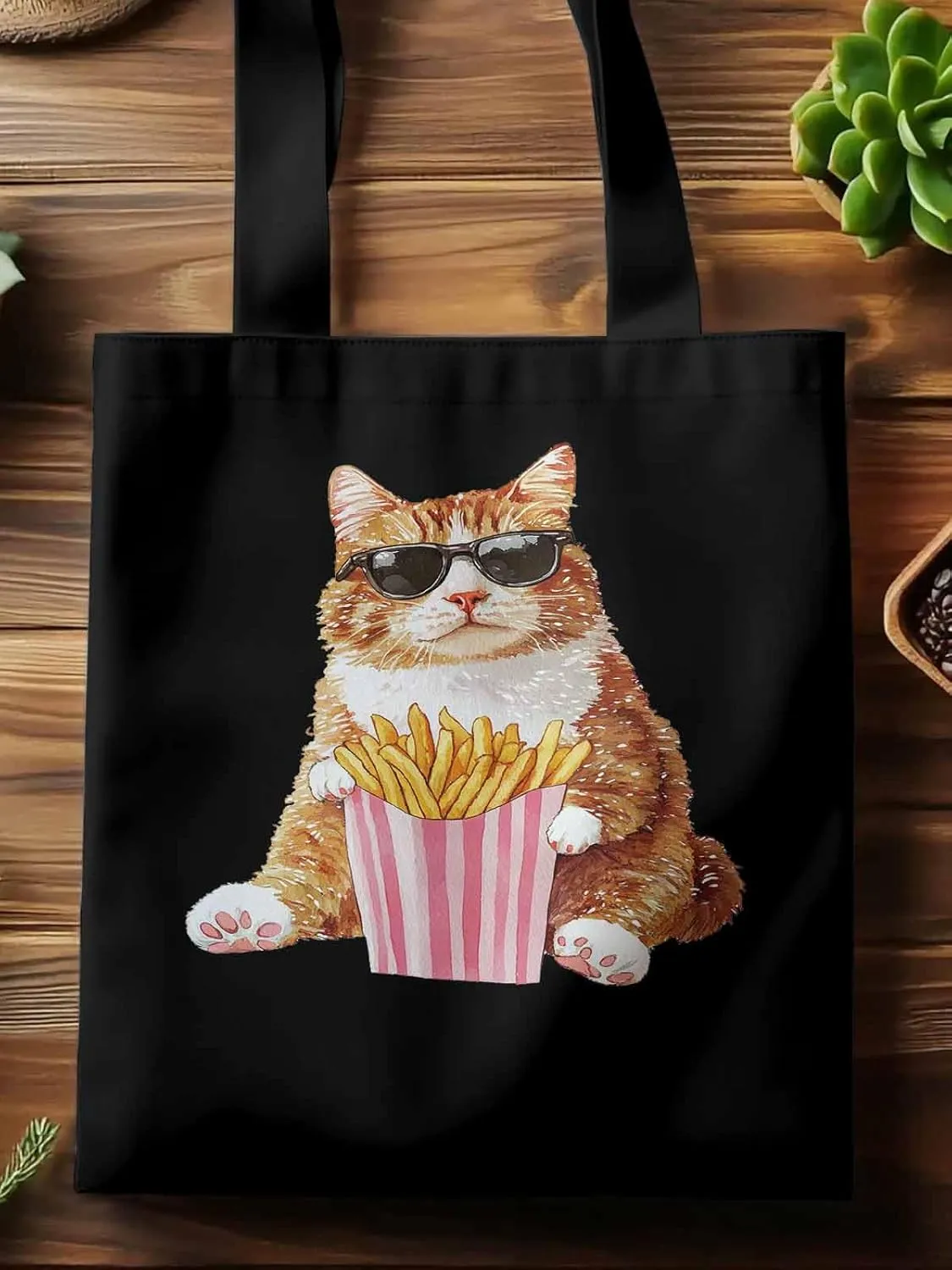 Canvas Tote Bag, Yellow Cat Eating French Fries Aesthetic Canvas Tote Handbags for Women Shoulder Bag,