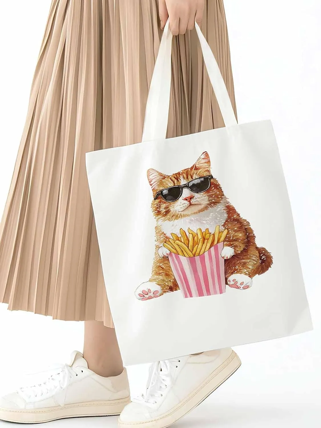 Canvas Tote Bag, Yellow Cat Eating French Fries Aesthetic Canvas Tote Handbags for Women Shoulder Bag,