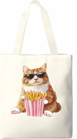 Canvas Tote Bag, Yellow Cat Eating French Fries Aesthetic Canvas Tote Handbags for Women Shoulder Bag,