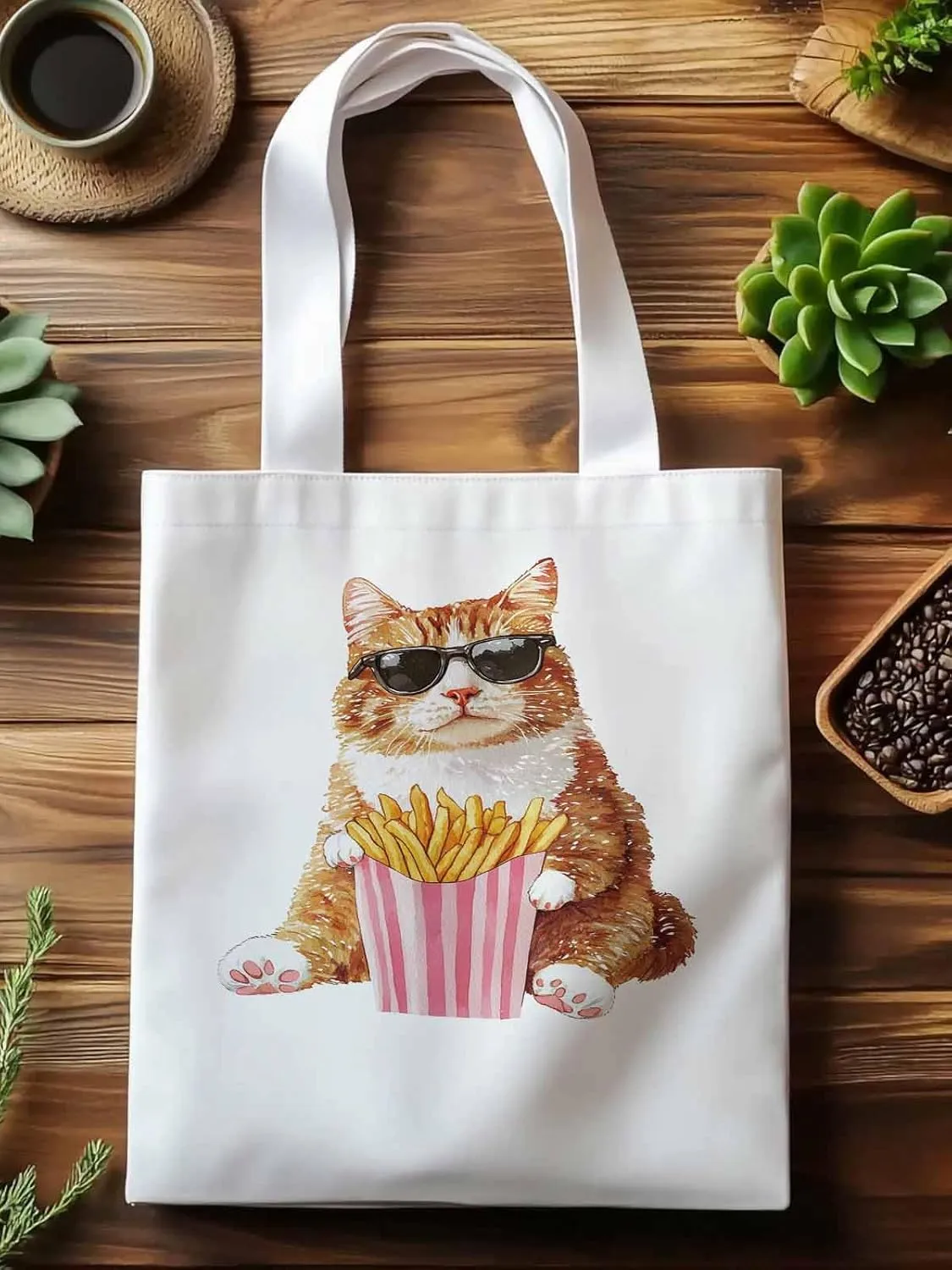 Canvas Tote Bag, Yellow Cat Eating French Fries Aesthetic Canvas Tote Handbags for Women Shoulder Bag,