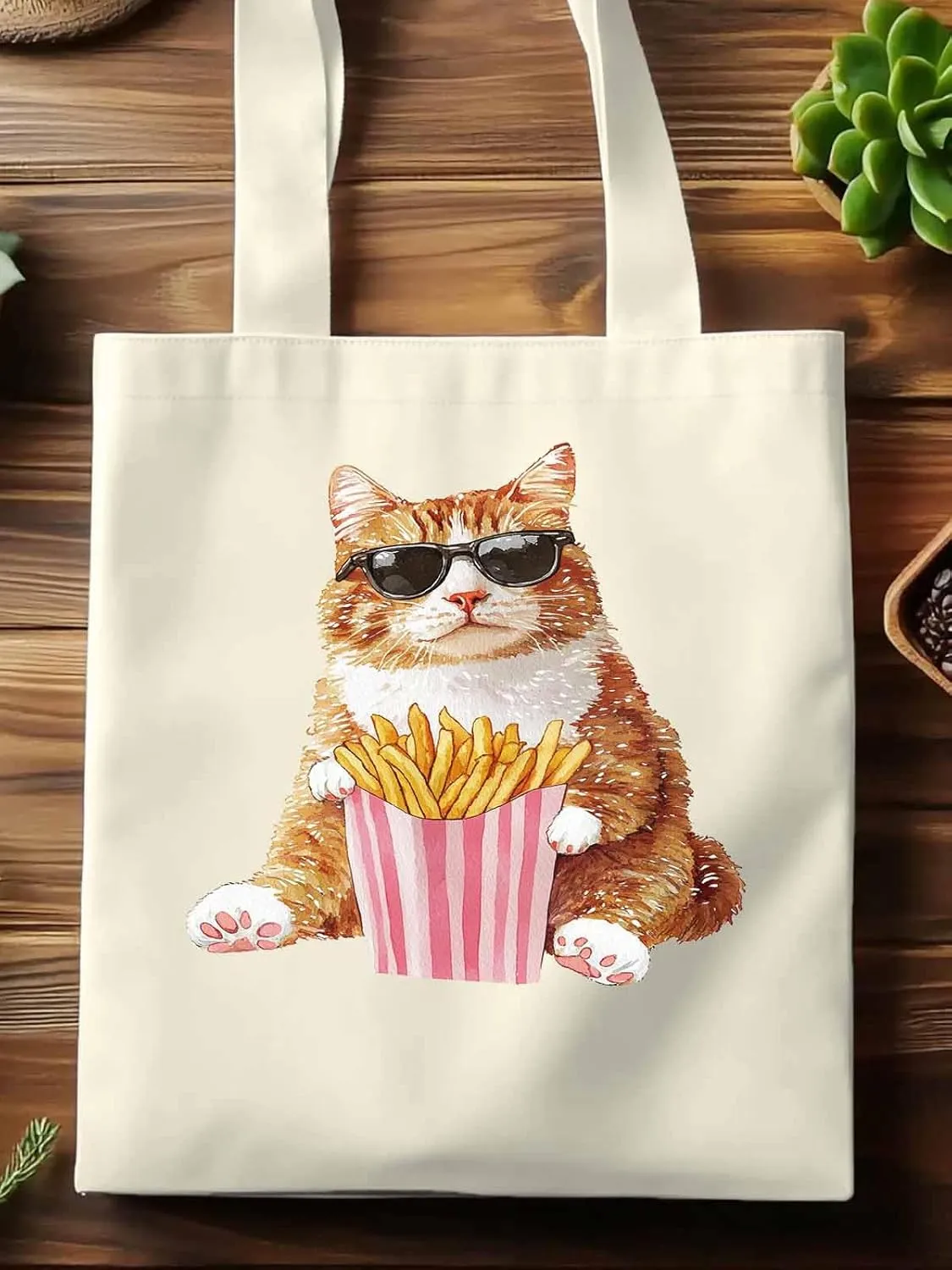 Canvas Tote Bag, Yellow Cat Eating French Fries Aesthetic Canvas Tote Handbags for Women Shoulder Bag,