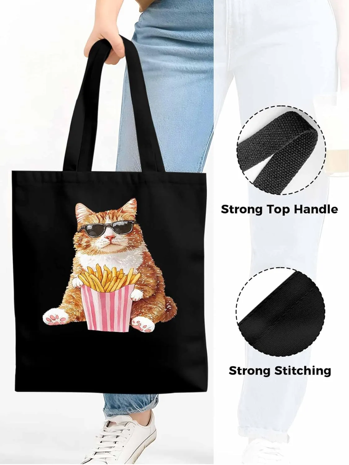 Canvas Tote Bag, Yellow Cat Eating French Fries Aesthetic Canvas Tote Handbags for Women Shoulder Bag,