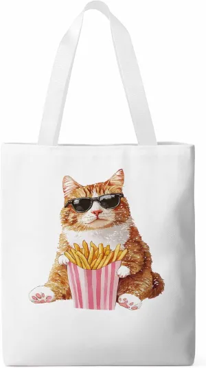 Canvas Tote Bag, Yellow Cat Eating French Fries Aesthetic Canvas Tote Handbags for Women Shoulder Bag,