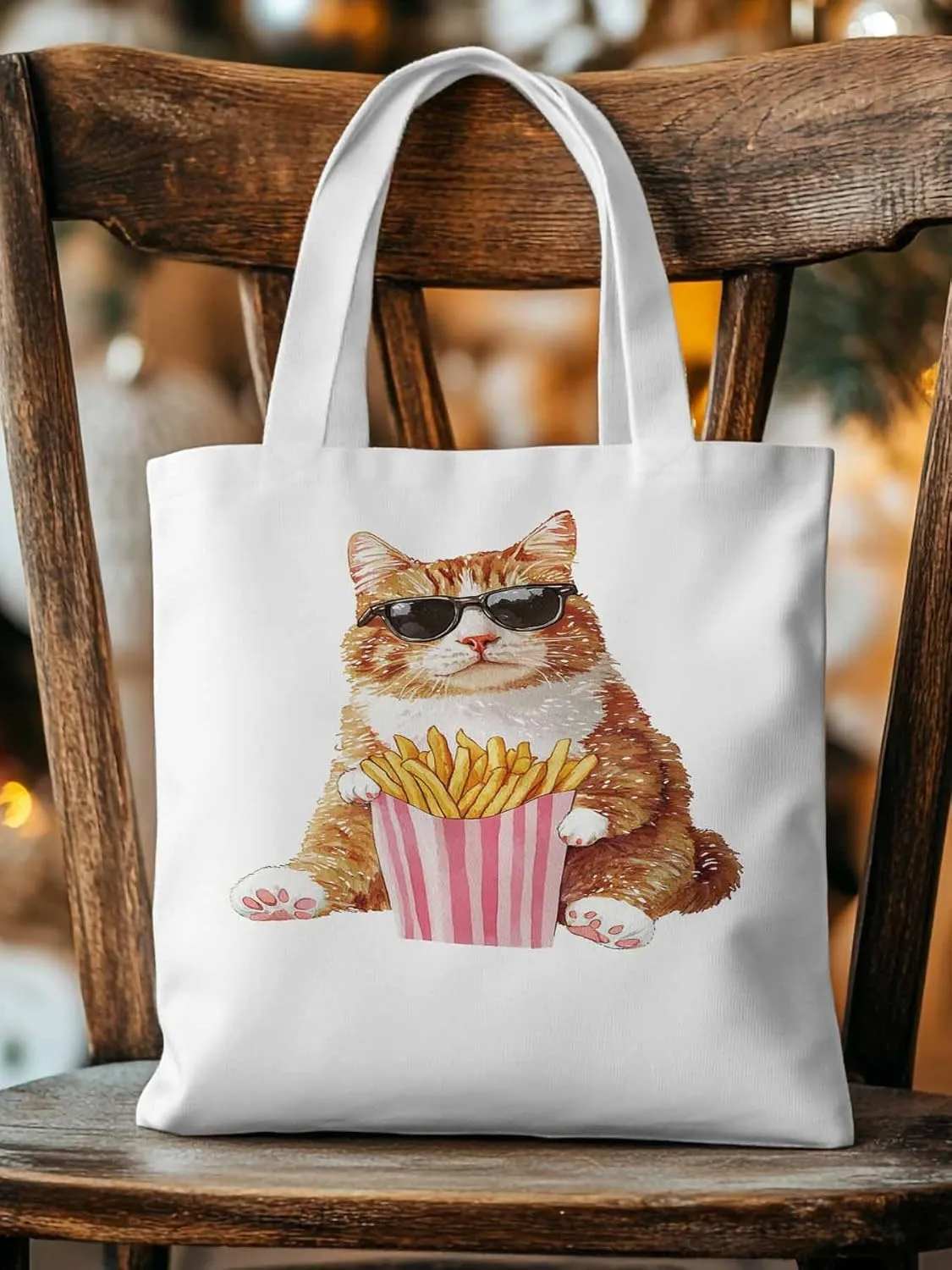 Canvas Tote Bag, Yellow Cat Eating French Fries Aesthetic Canvas Tote Handbags for Women Shoulder Bag,