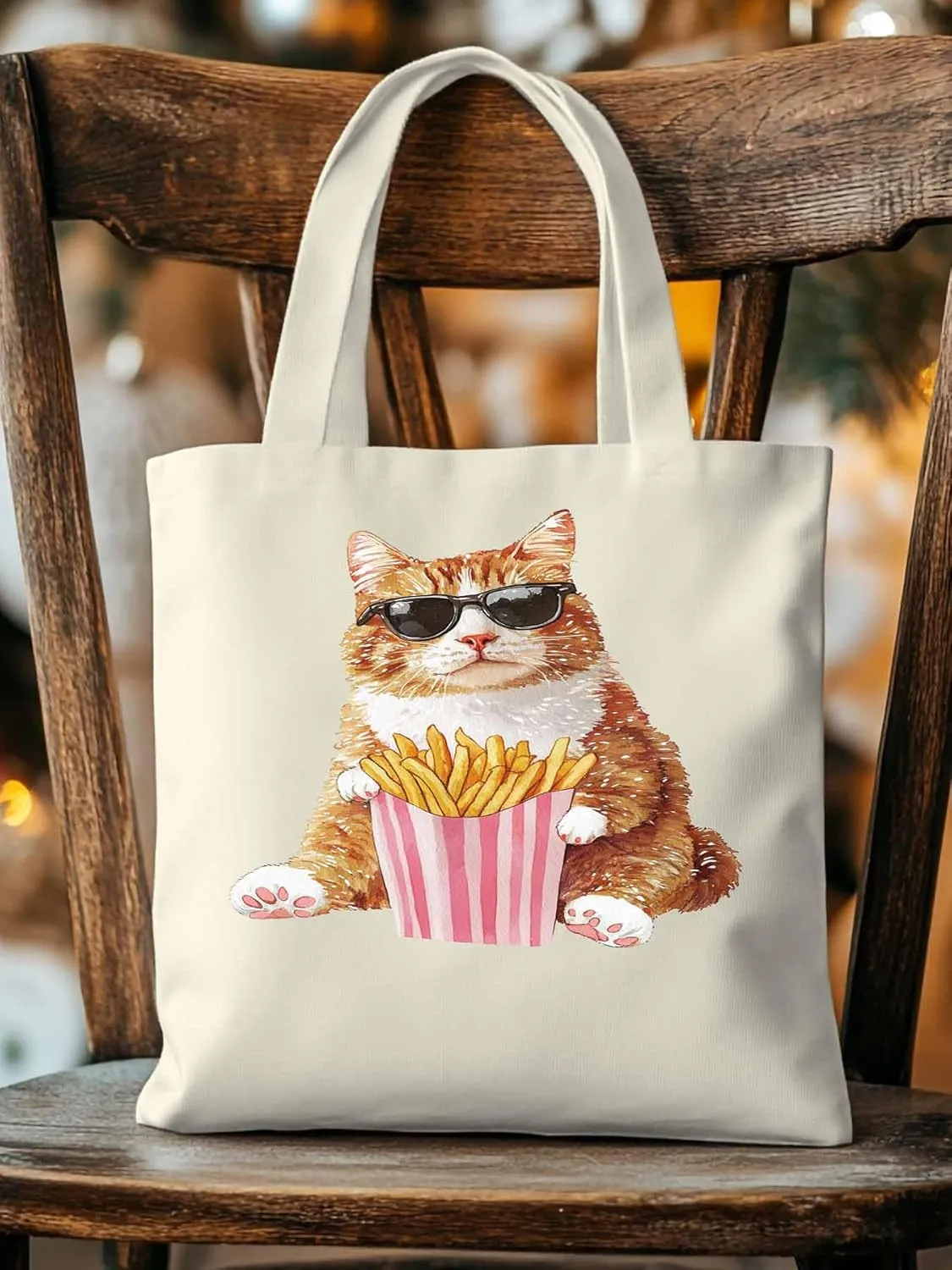 Canvas Tote Bag, Yellow Cat Eating French Fries Aesthetic Canvas Tote Handbags for Women Shoulder Bag,