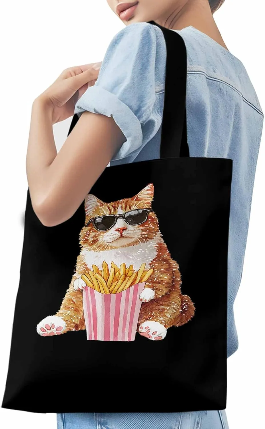Canvas Tote Bag, Yellow Cat Eating French Fries Aesthetic Canvas Tote Handbags for Women Shoulder Bag,