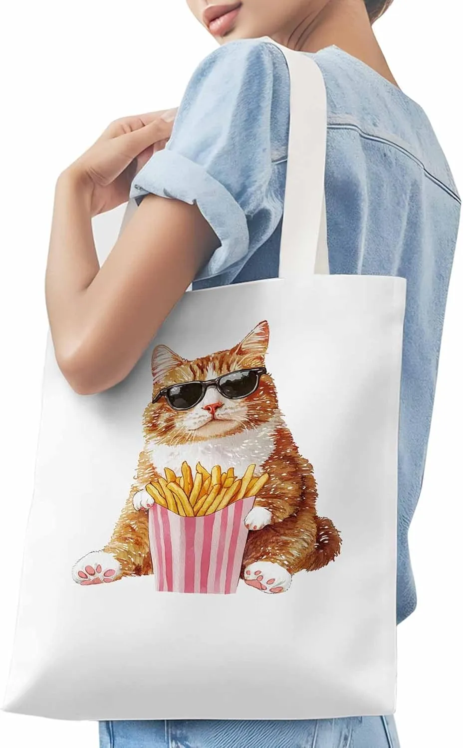 Canvas Tote Bag, Yellow Cat Eating French Fries Aesthetic Canvas Tote Handbags for Women Shoulder Bag,