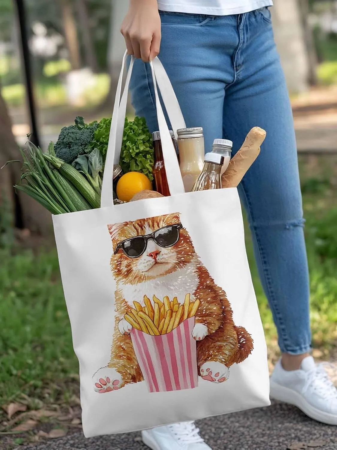 Canvas Tote Bag, Yellow Cat Eating French Fries Aesthetic Canvas Tote Handbags for Women Shoulder Bag,