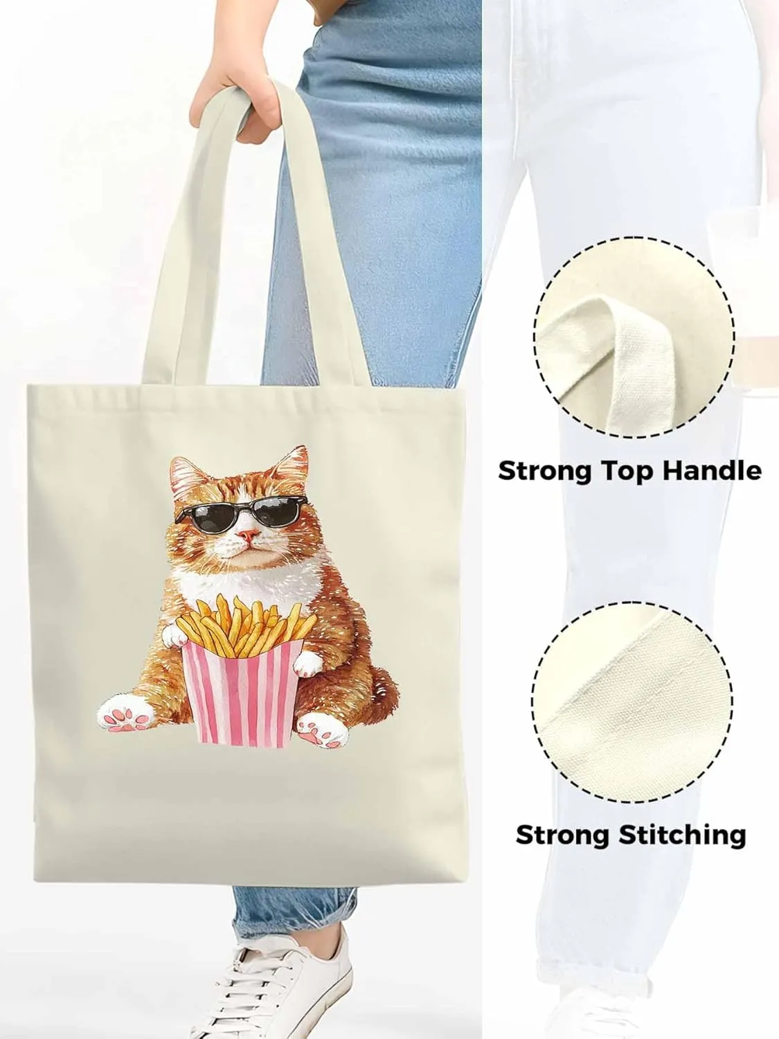 Canvas Tote Bag, Yellow Cat Eating French Fries Aesthetic Canvas Tote Handbags for Women Shoulder Bag,
