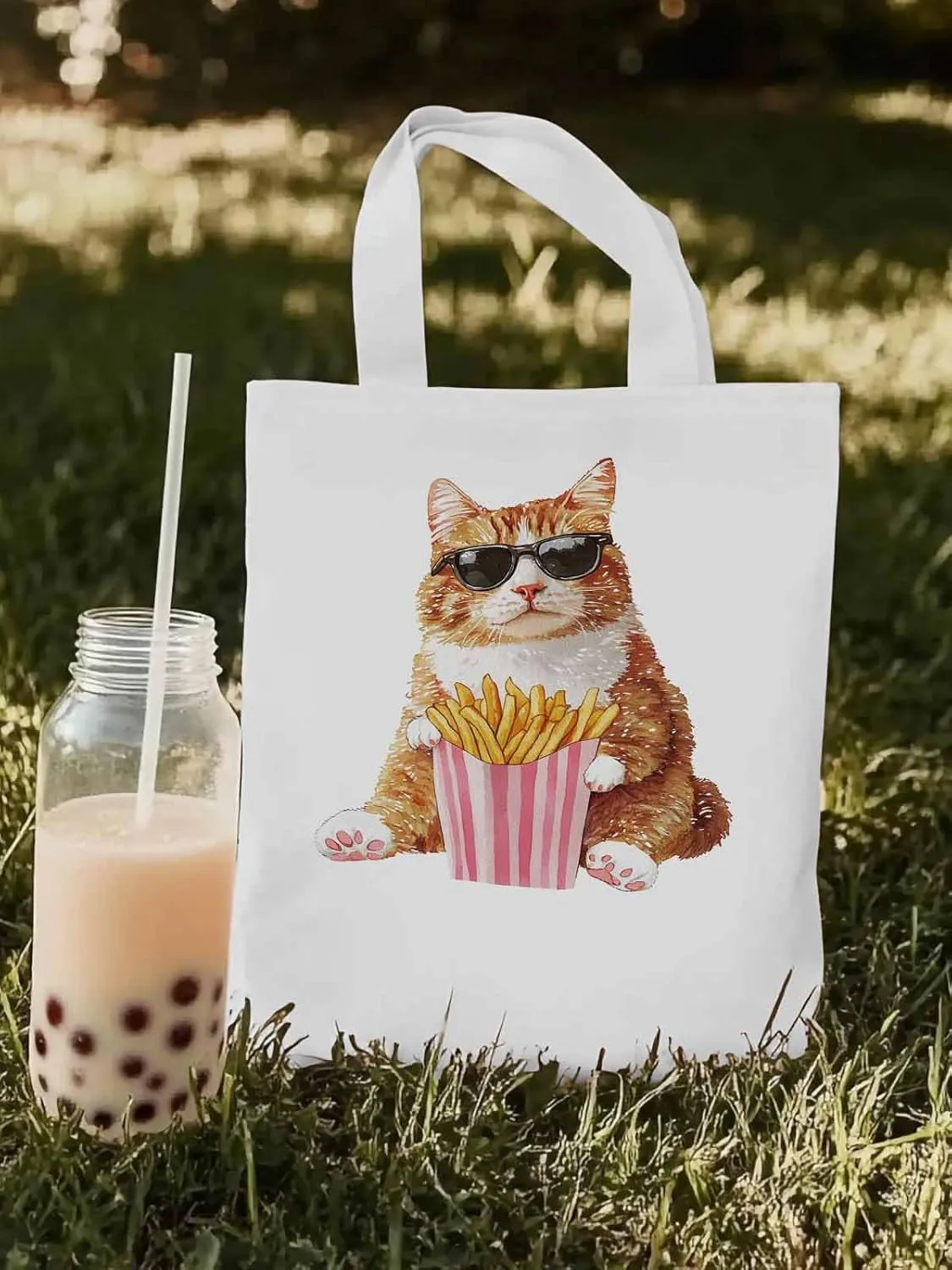 Canvas Tote Bag, Yellow Cat Eating French Fries Aesthetic Canvas Tote Handbags for Women Shoulder Bag,