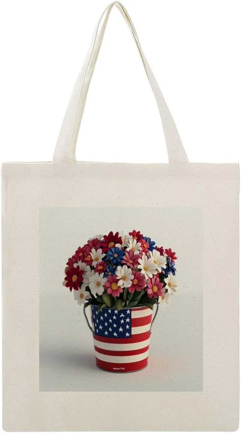 Canvas Tote Bag,Flowers in Bucket American Flag Pattern Handbags for Women Shoulder Bag