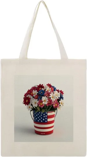 Canvas Tote Bag,Flowers in Bucket American Flag Pattern Handbags for Women Shoulder Bag