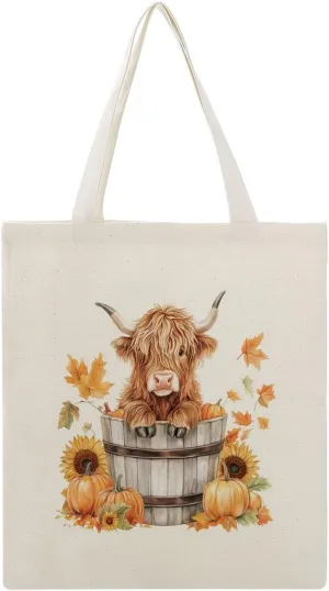 Canvas Tote Bag,Highland Cow in Wooden Bucket Pumpkin Handbags for Women Shoulder Bag