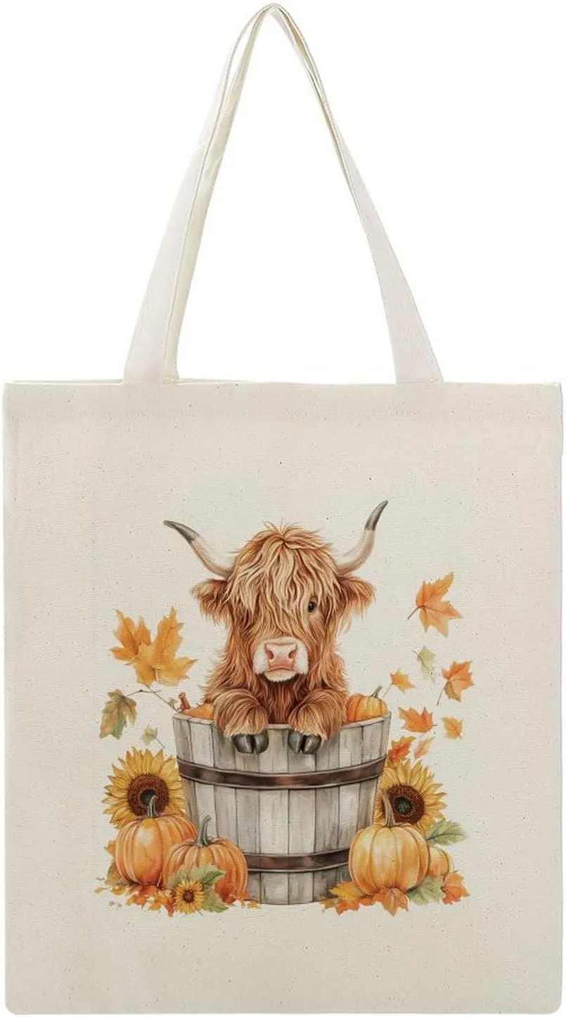 Canvas Tote Bag,Highland Cow in Wooden Bucket Pumpkin Handbags for Women Shoulder Bag