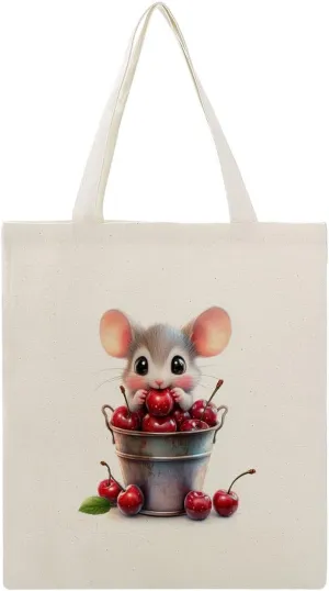 Canvas Tote Bag,Little Mouse And A Bucket of Cherries Handbags for Women Shoulder Bag