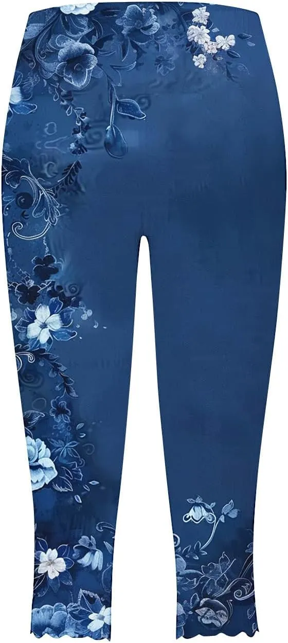 Capri Leggings for Women Floral Print High Waist Tummy Control Capris Comfy Stretch Cropped Yoga Pants Summer Outfits