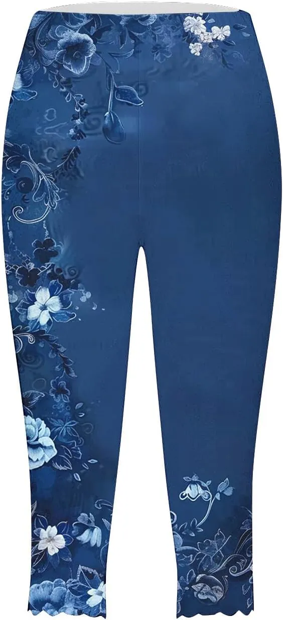 Capri Leggings for Women Floral Print High Waist Tummy Control Capris Comfy Stretch Cropped Yoga Pants Summer Outfits