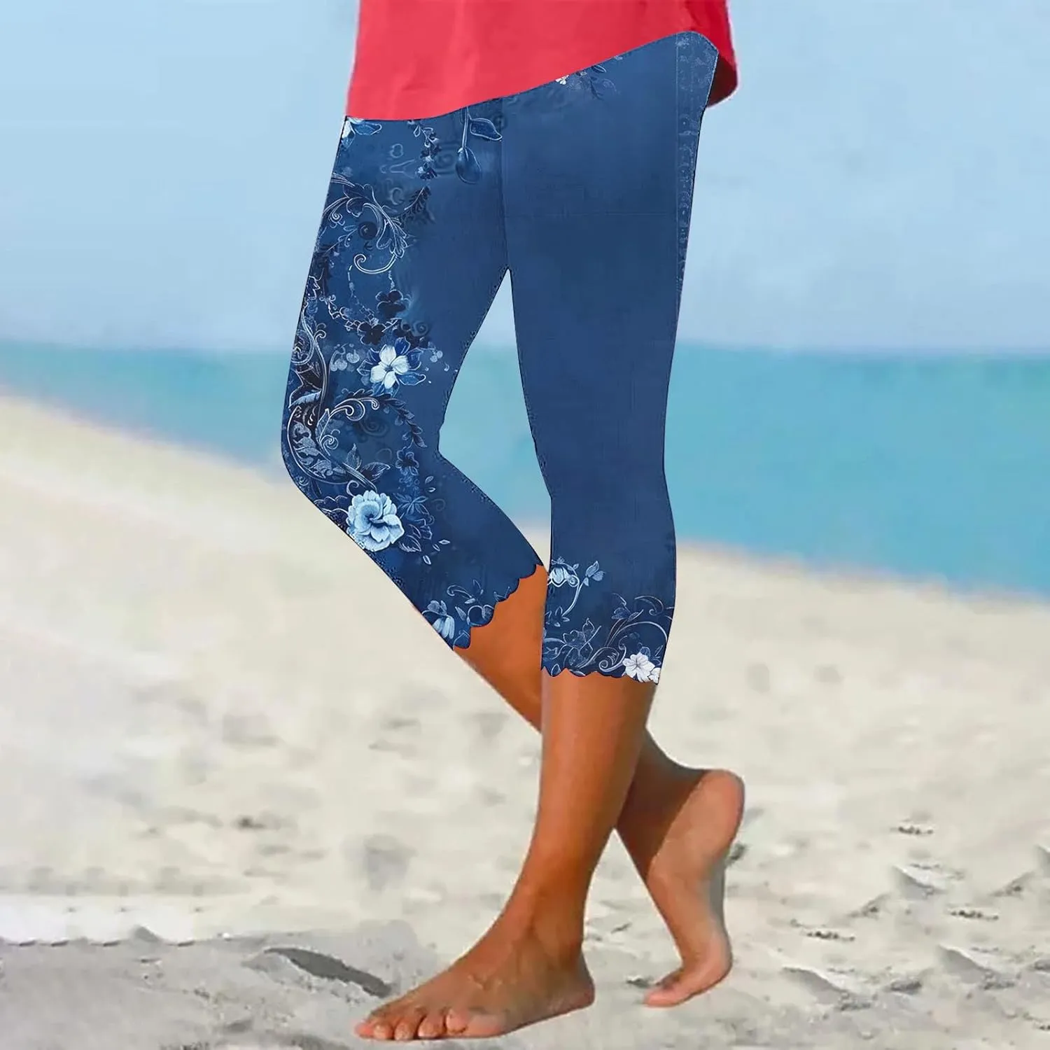 Capri Leggings for Women Floral Print High Waist Tummy Control Capris Comfy Stretch Cropped Yoga Pants Summer Outfits