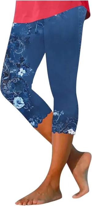 Capri Leggings for Women Floral Print High Waist Tummy Control Capris Comfy Stretch Cropped Yoga Pants Summer Outfits